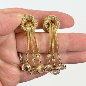 Dangle Earrings, Rhinestones, MCM, Gold Tone, Mesh, 50s, 60s, Clip Ons, Vintage